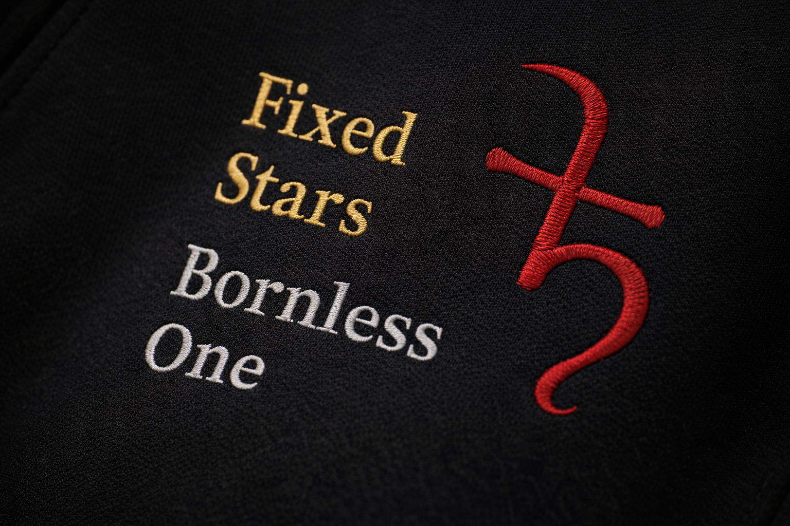 Black Bornless One joggers with gold Fixed Stars embroidery and red symbol detail