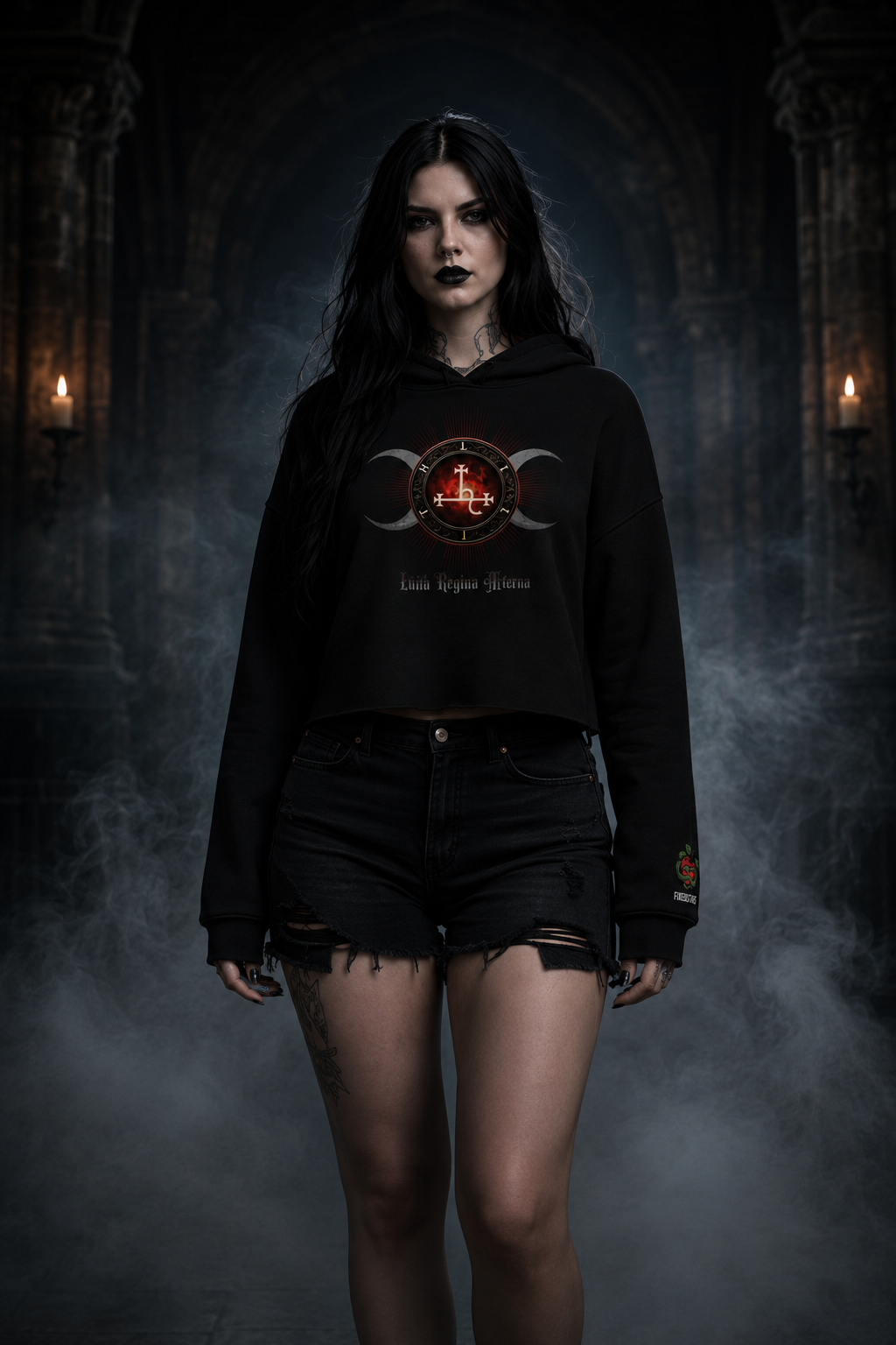 Lilith Regina Aeterna black crop hoodie front sigil design