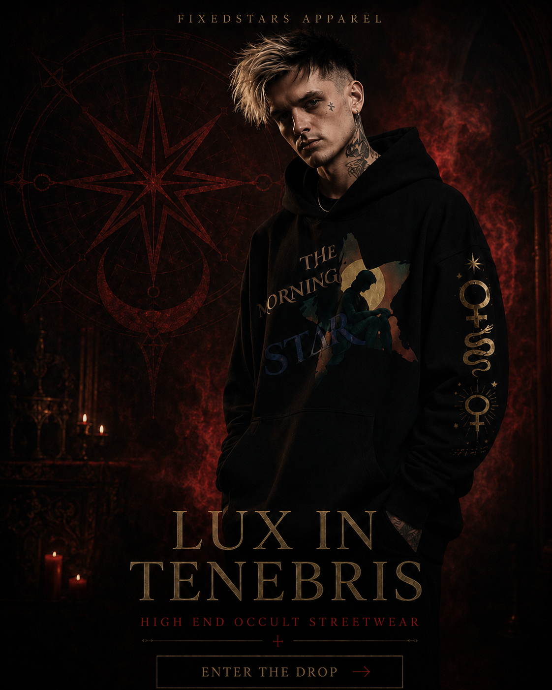 Person wearing a black hoodie with visible branding in a dark, mystical setting.