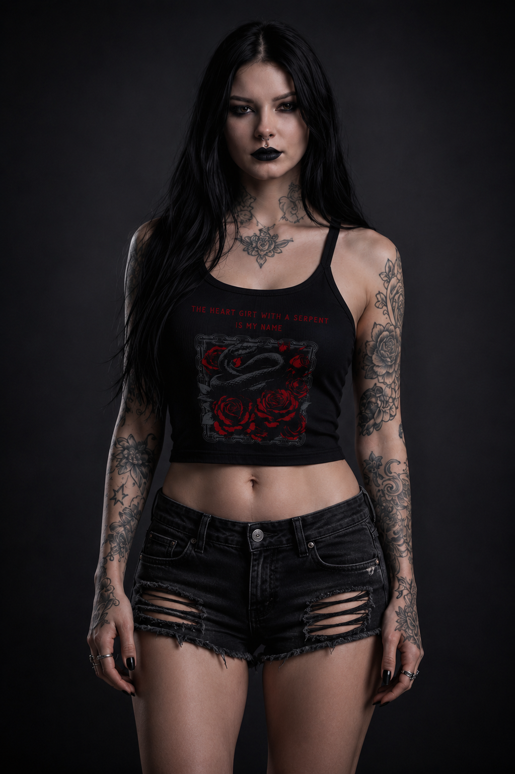 Women's black micro-rib tank top with thick straps and red rose snake graphic print