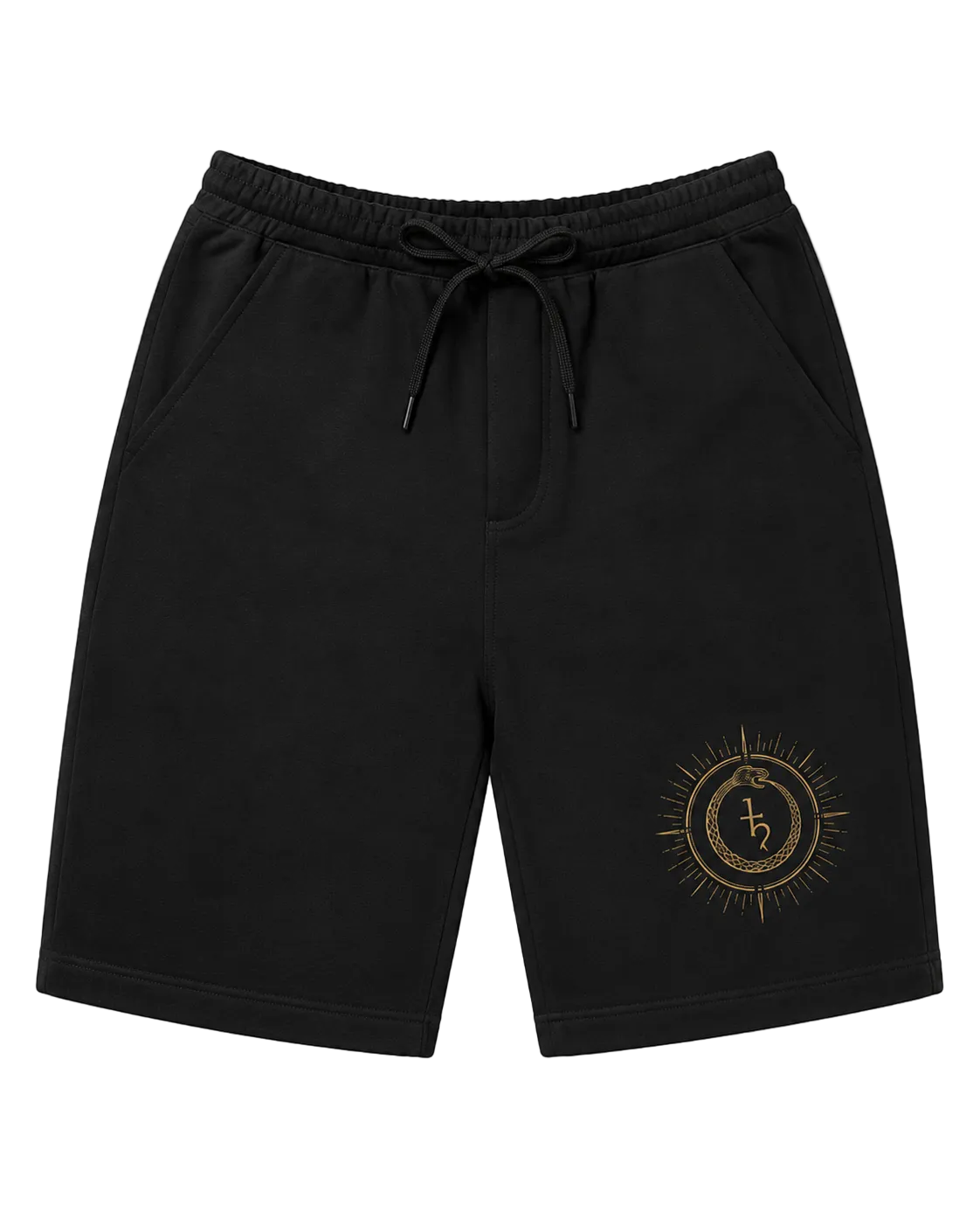 Black shorts with a gold emblem on a transparent background