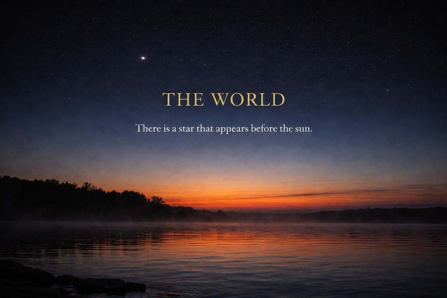 Calming landscape of a starry night over a misty lake with text overlay.
