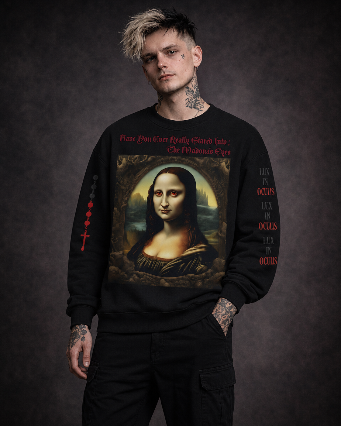 Occult streetwear black crewneck featuring 'LUX IN OCULIS' text on right sleeve and red-eyed Mona Lisa print
