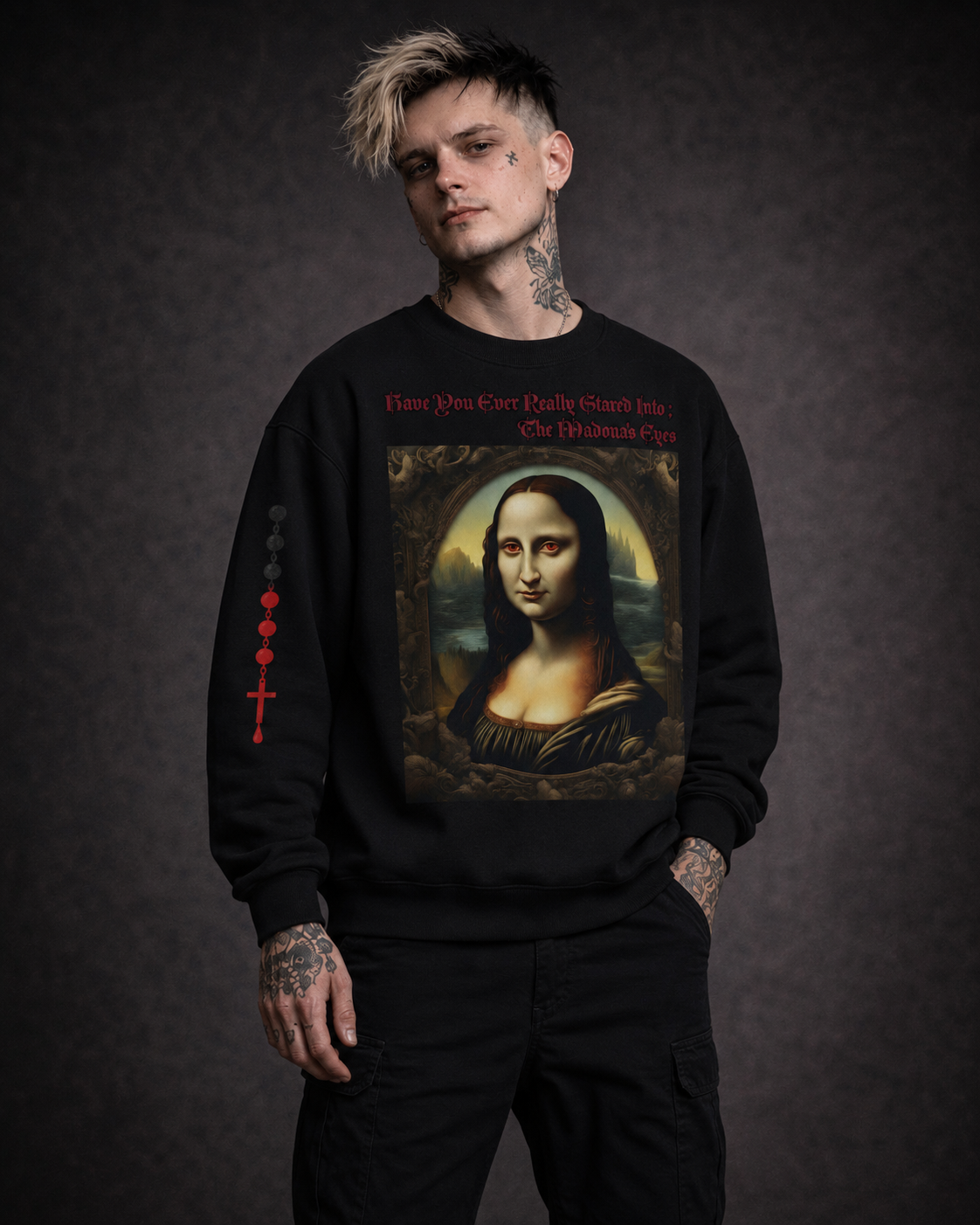 Black organic cotton heavyweight crewneck sweatshirt with red-eyed Mona Lisa graphic and rosary sleeve detail
