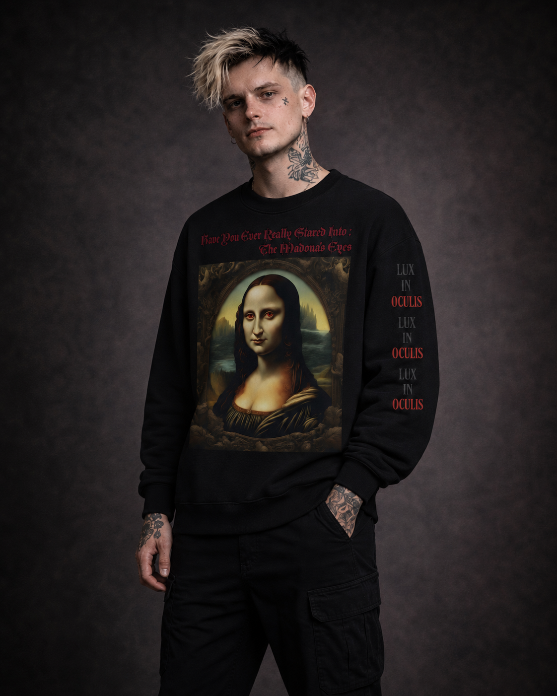 Heavyweight black crewneck sweatshirt with red-eyed Mona Lisa design and repeated Latin text on sleeve