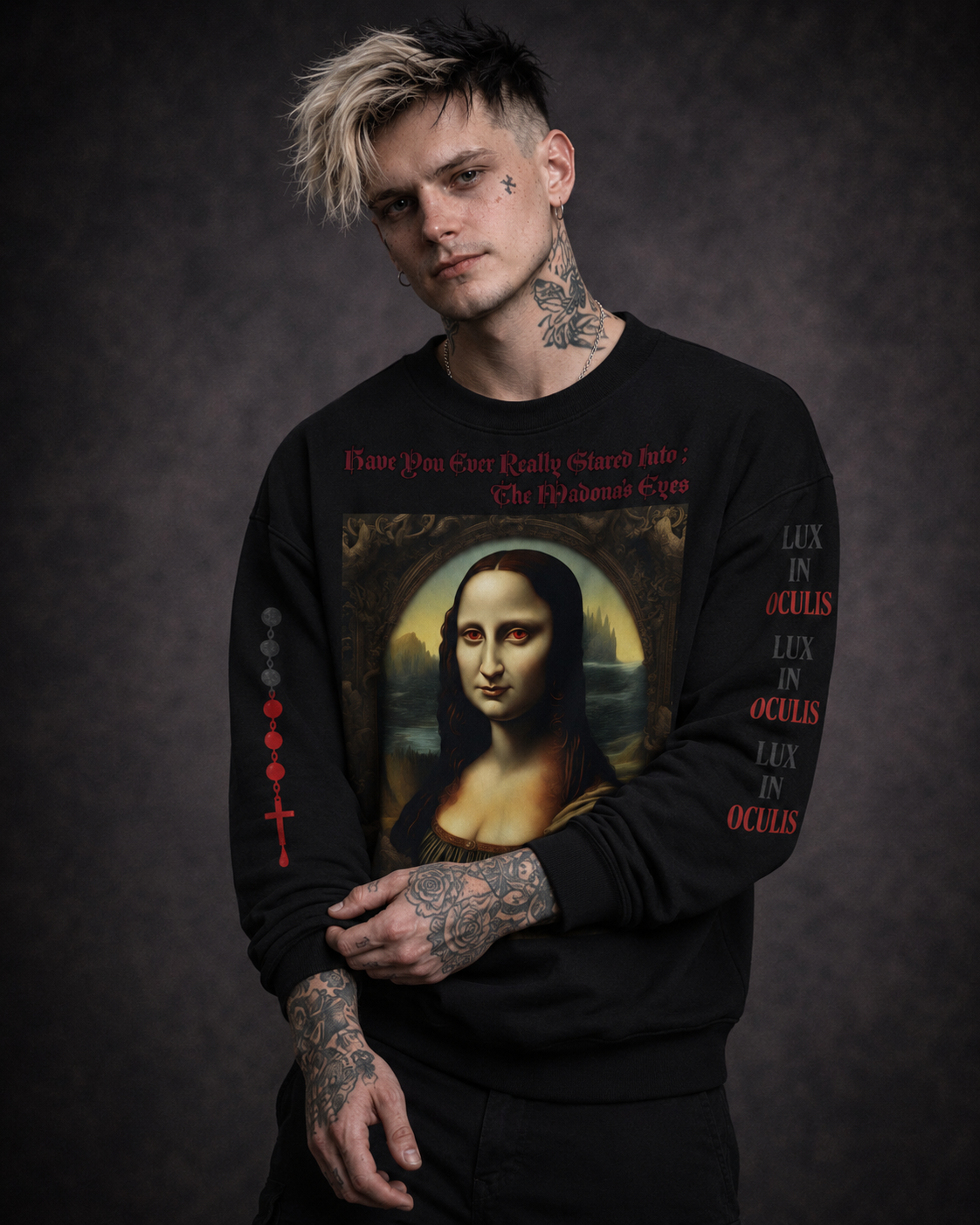 Black eco-friendly crewneck sweatshirt showing full front graphic and dual sleeve details with rosary and text
