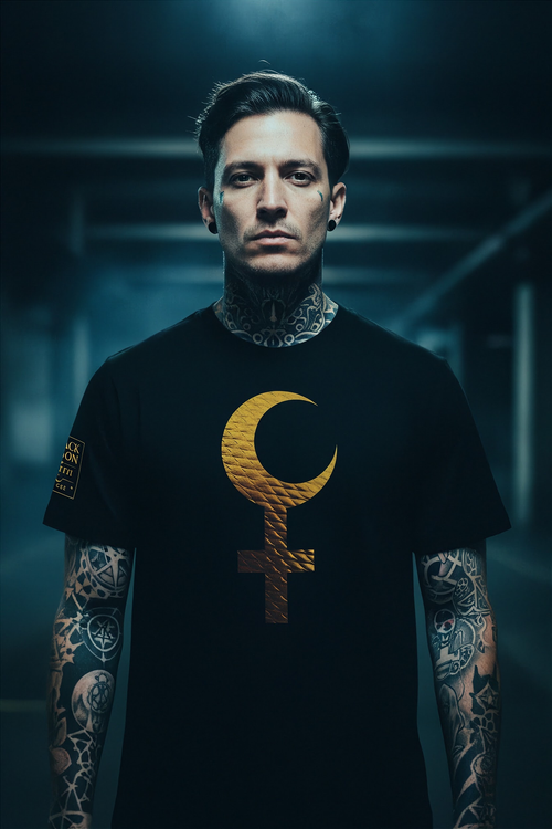 Man wearing a black t-shirt with a gold symbol on a dark background