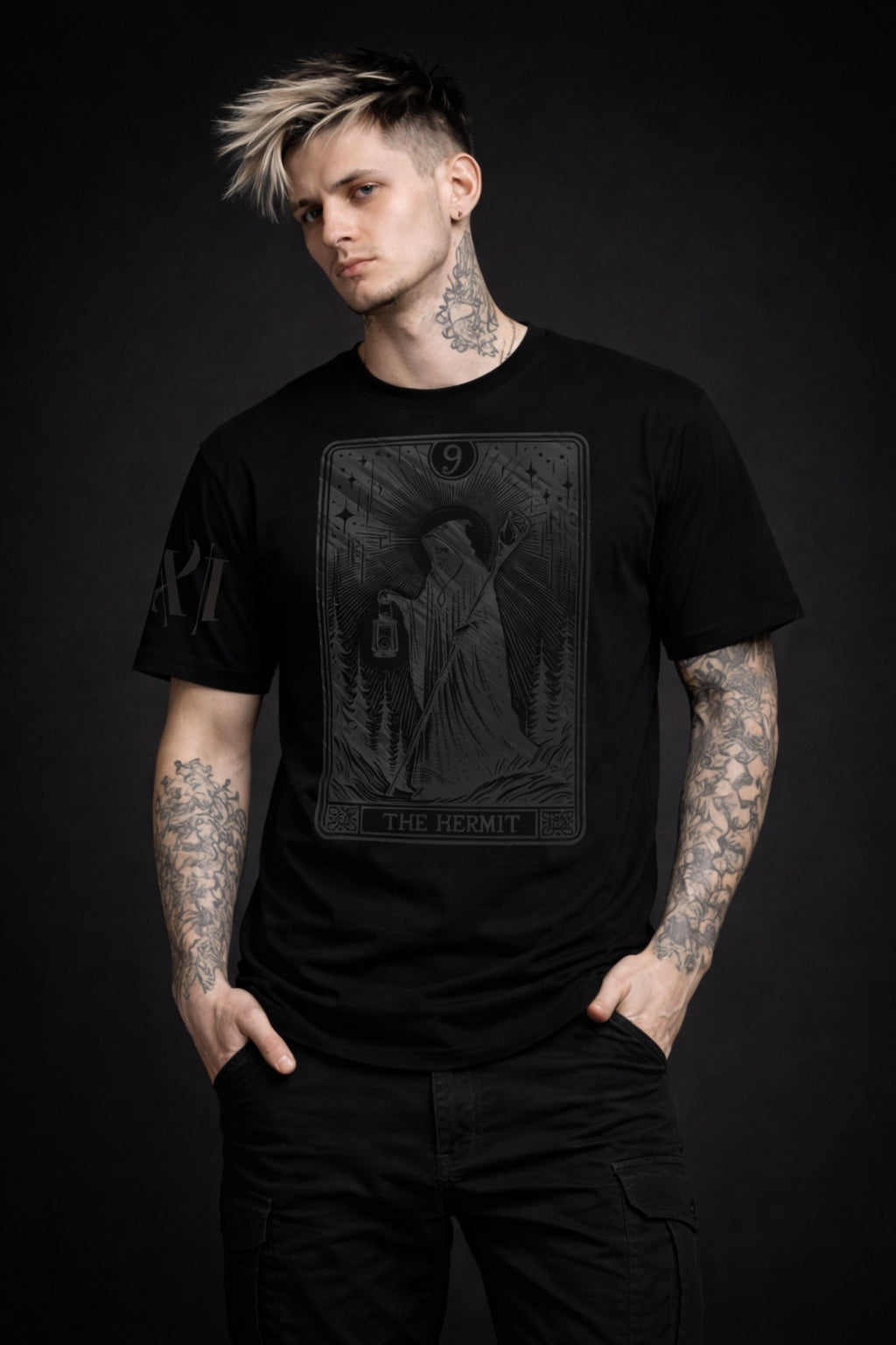 The Hermit IX Arcana Heavyweight Tee in black with grayscale tarot graphic and regular fit