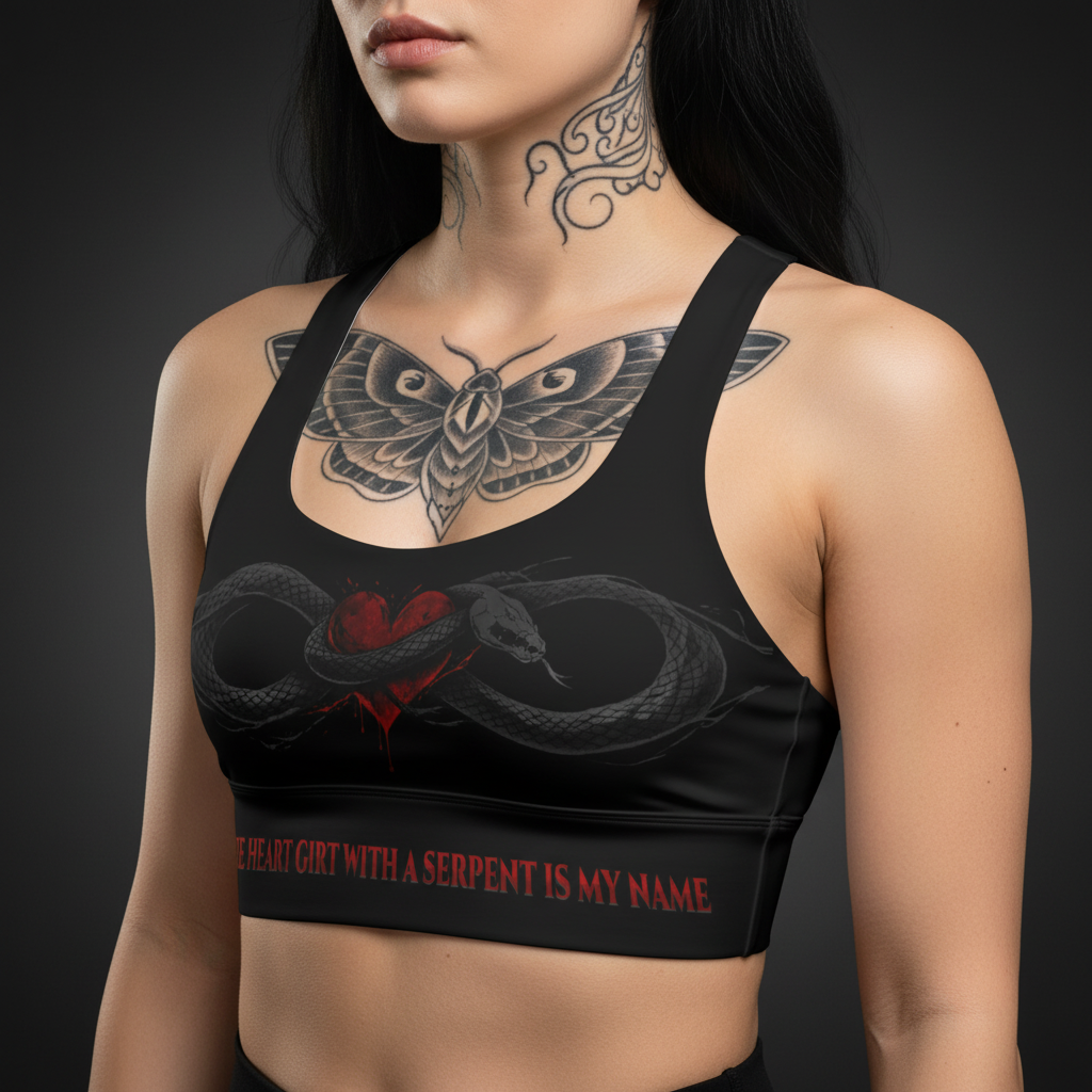 Black sports bra with snake and moth design worn by a model on a dark background