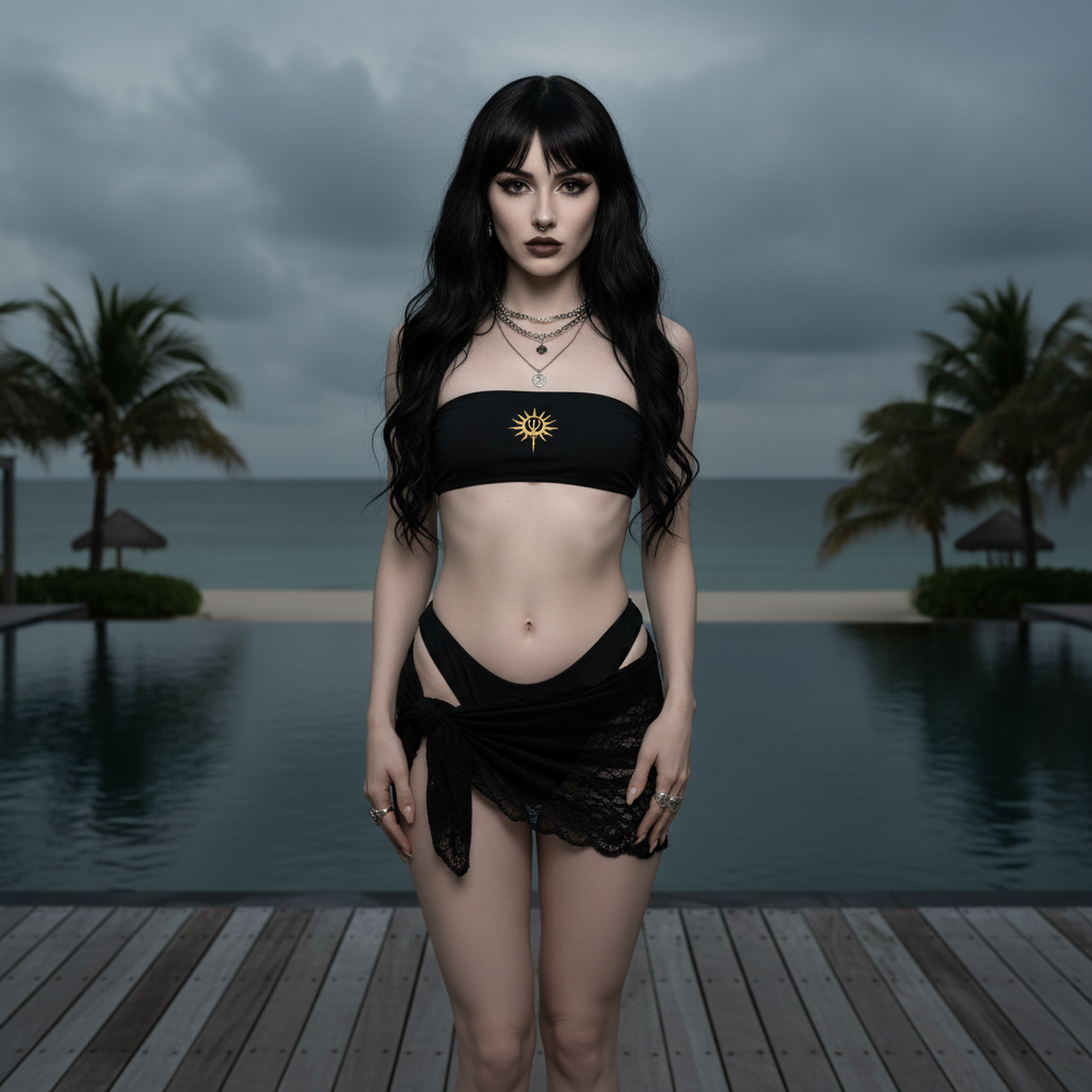 Woman in a black bikini standing on a wooden deck by a pool with palm trees and dark sky in the background