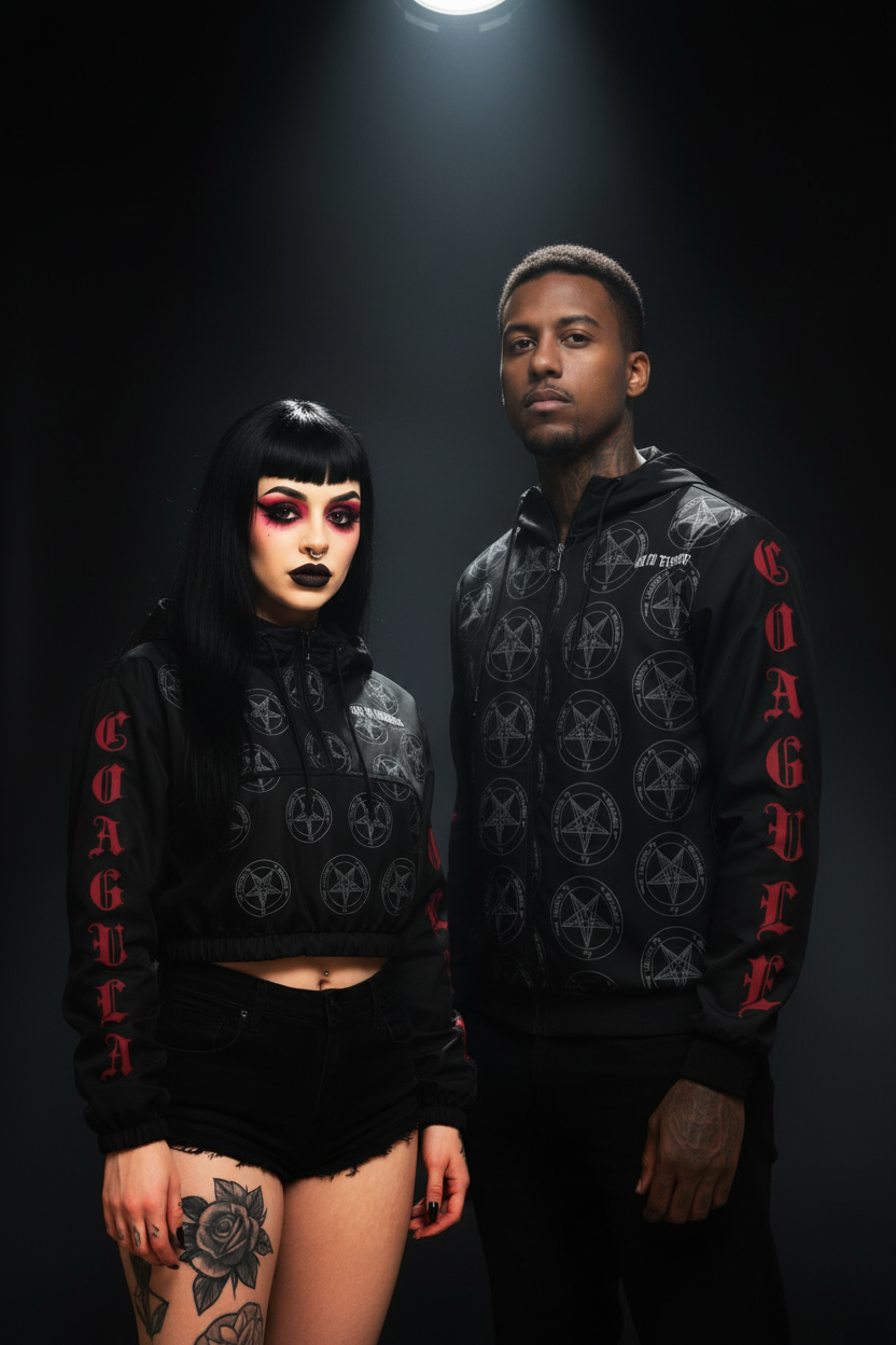 Two people wearing black hoodies with red text and star patterns against a dark background.