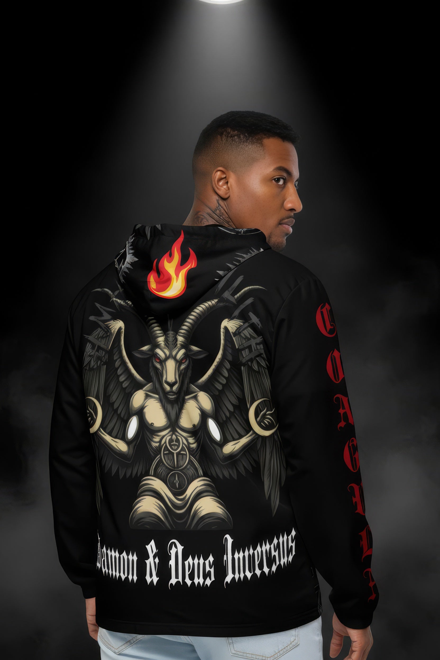 Men's black Daemon & Deus Inversus hooded windbreaker with Baphomet back graphic