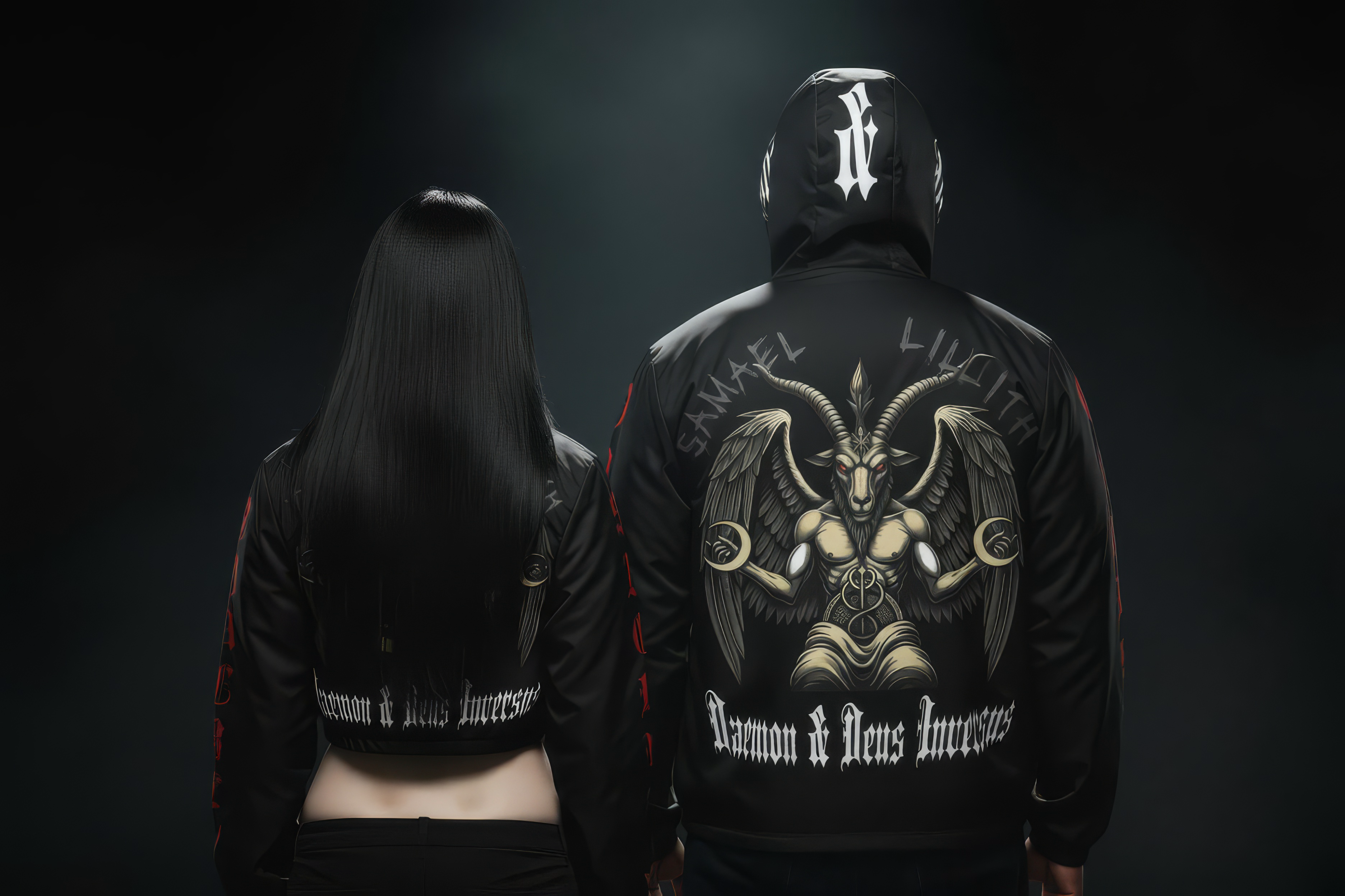 Two people wearing black hoodies with a prominent design on the back against a dark background.