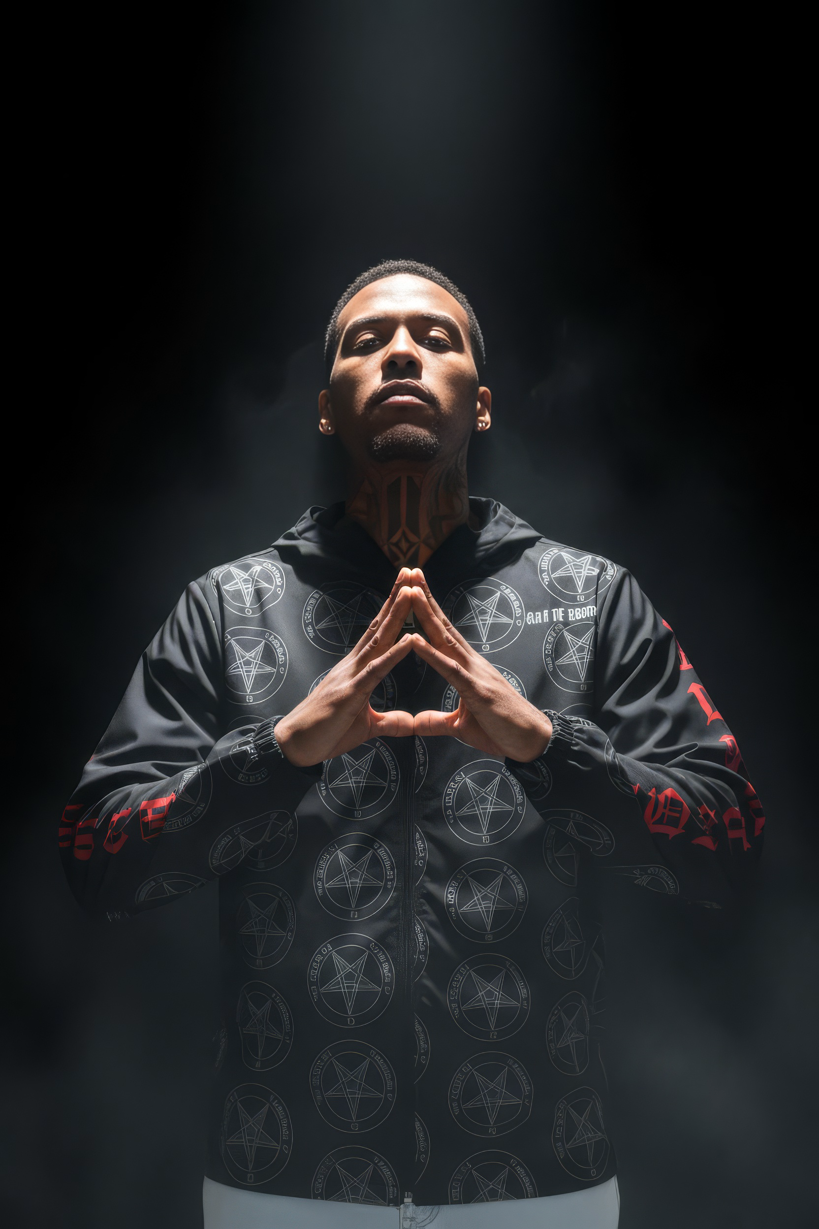 Black occult streetwear windbreaker featuring repeating pentagram Clan of Baphomet pattern