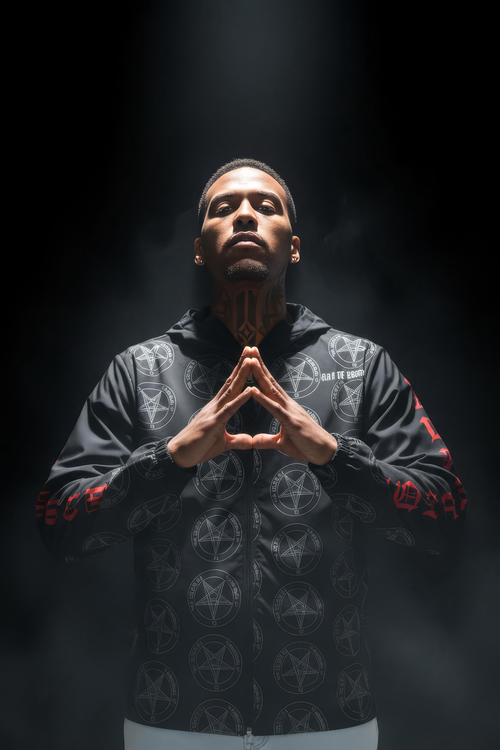 Black occult streetwear windbreaker featuring repeating pentagram Clan of Baphomet pattern