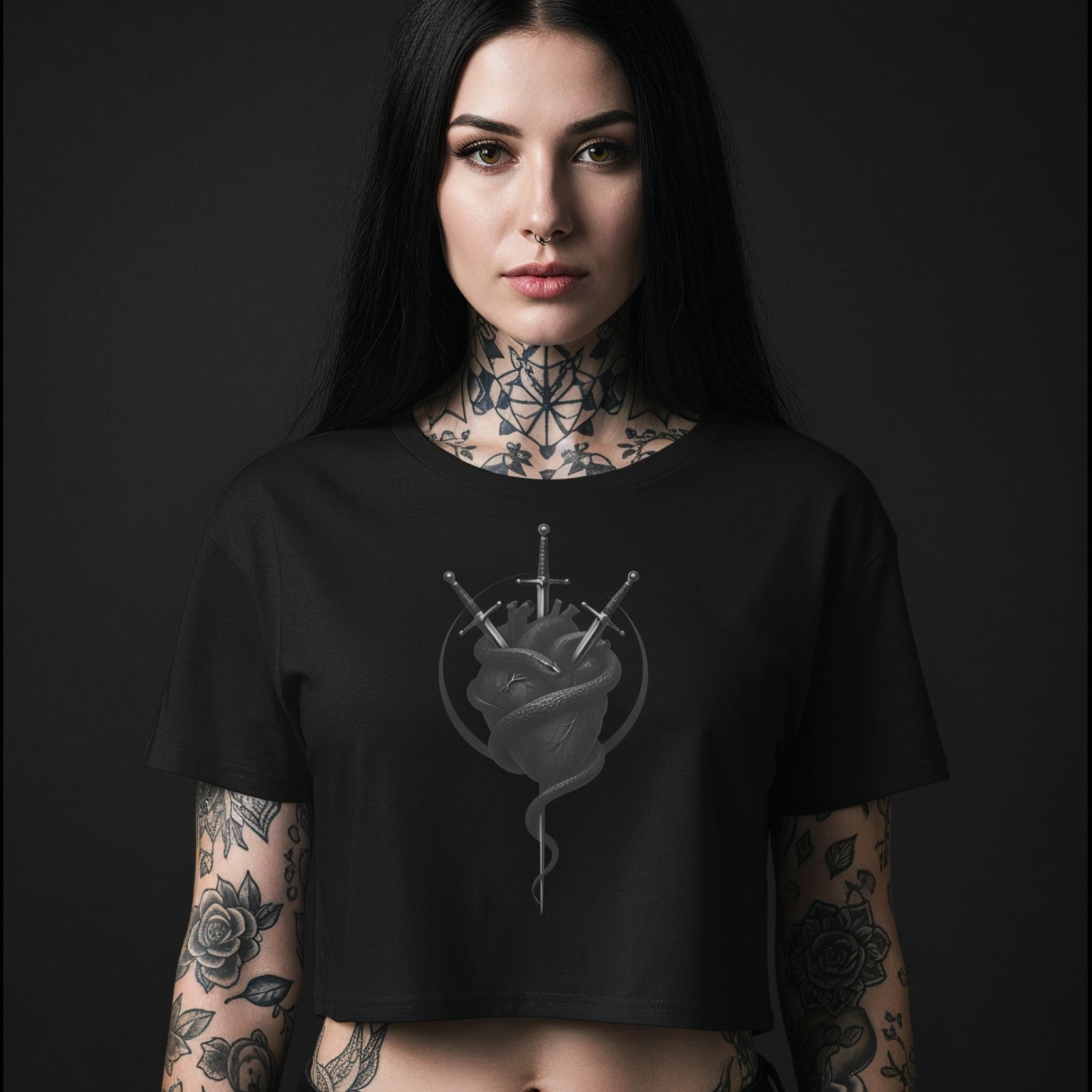 Woman wearing a black t-shirt with a graphic design on a dark background