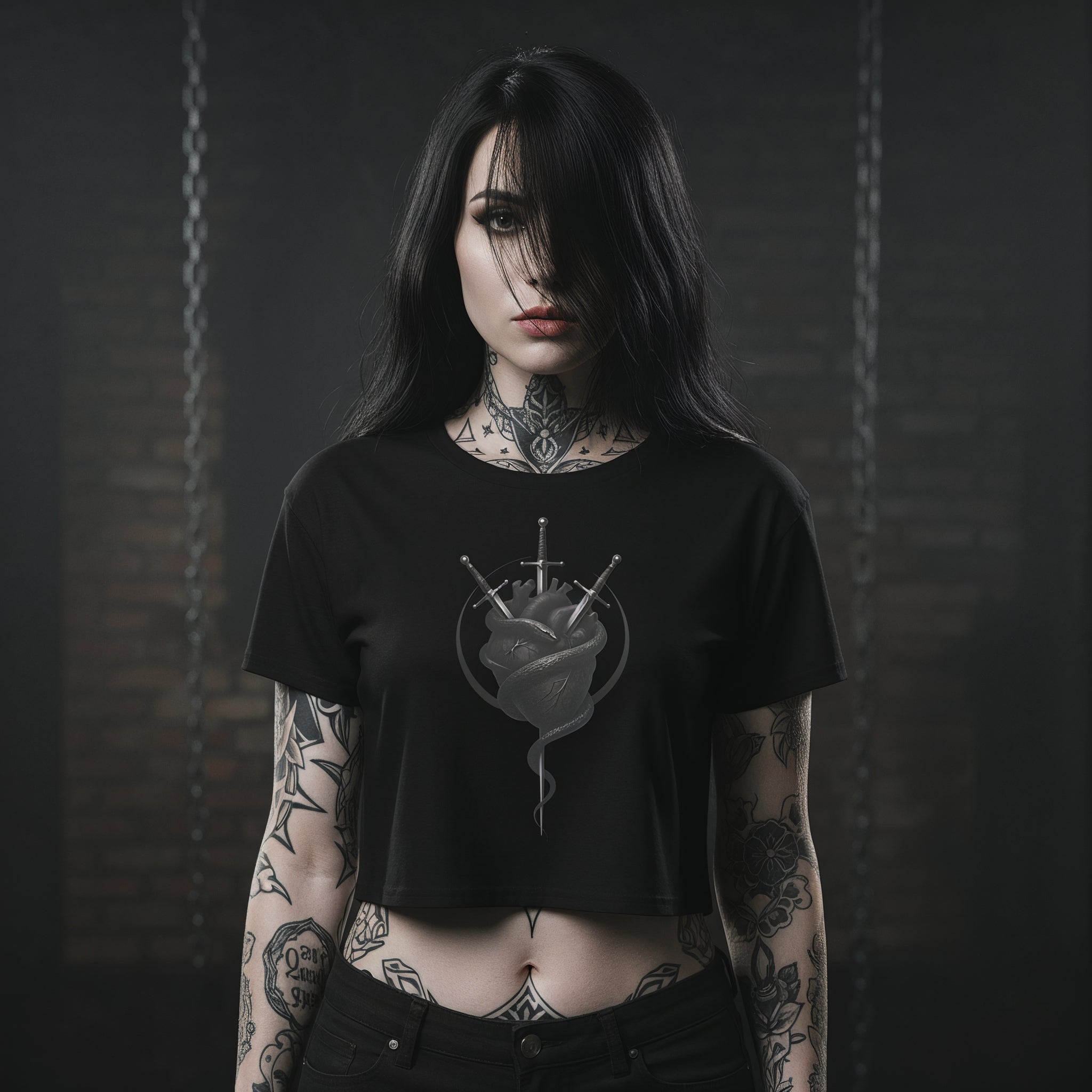Woman wearing a black t-shirt with a graphic design against a dark background